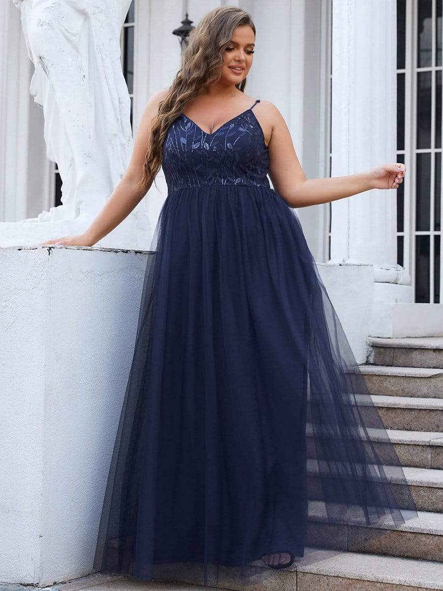 Plus Size Soft Spaghetti Straps V-Neck Embroidery Evening Dress #color_Navy Blue 