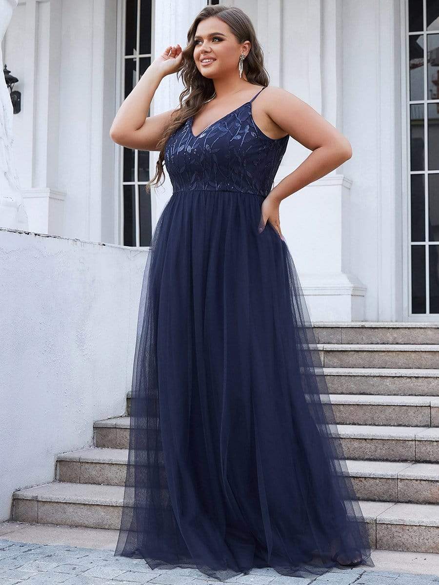 Plus Size Soft Spaghetti Straps V-Neck Embroidery Evening Dress #color_Navy Blue 