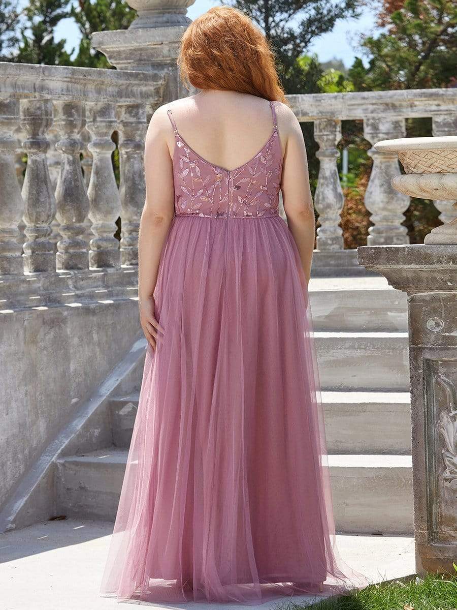 Plus Size Soft Spaghetti Straps V-Neck Embroidery Evening Dress #color_Purple Orchid 