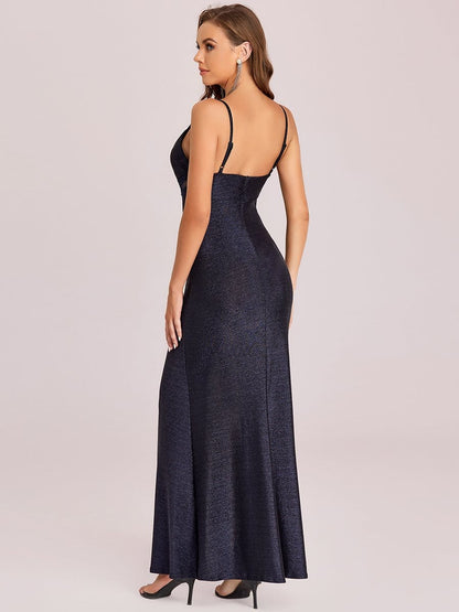 Color=Navy Blue | Spaghetti Strap V-Neck High Slit Mesh Panel Evening Dress-Navy Blue 8