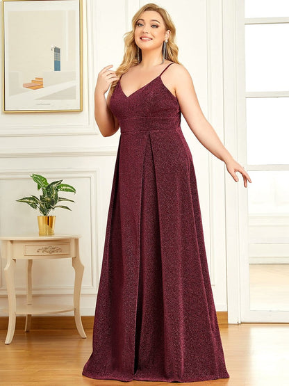 Plus Size Spaghetti Strap Shiny Formal Evening Dress for Wedding #color_Burgundy 