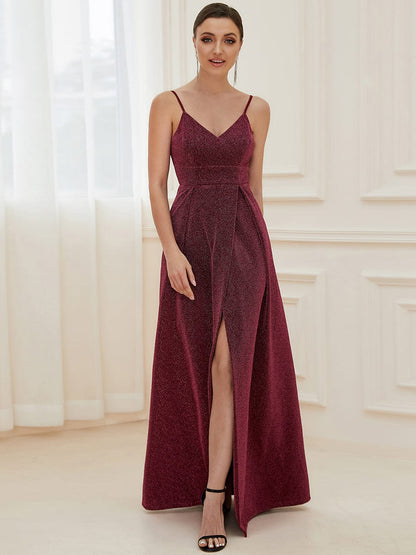 Spaghetti Strap Front Slit Shiny Evening Dress #color_Burgundy 