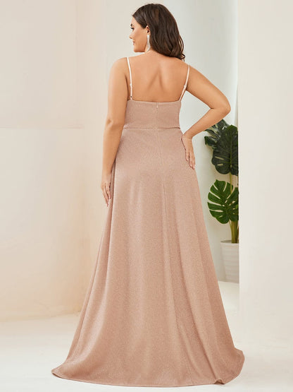 Spaghetti Strap Front Slit Shiny Evening Dress #color_Blush