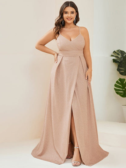 Plus Size Spaghetti Strap Shiny Formal Evening Dress for Wedding #color_Blush