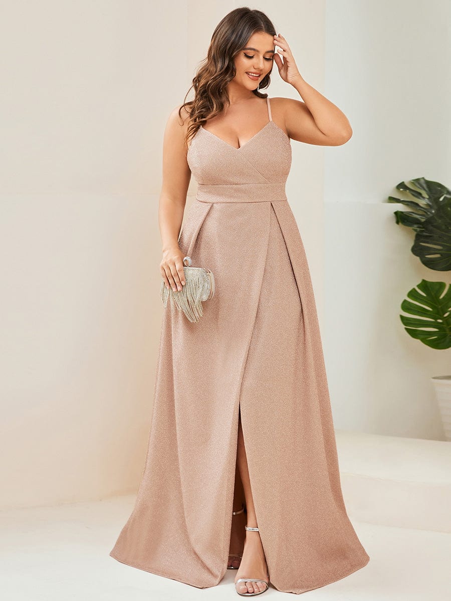 Spaghetti Strap Front Slit Shiny Evening Dress #color_Blush