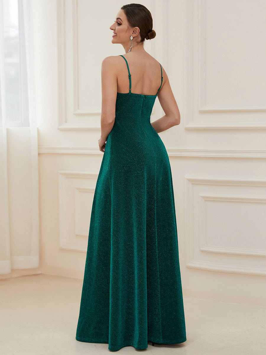 Spaghetti Strap Front Slit Shiny Evening Dress #color_Dark Green 