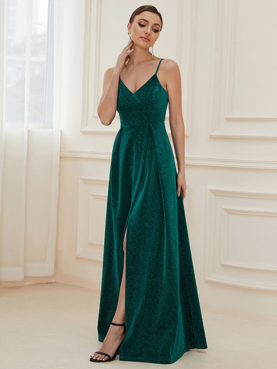 Spaghetti Strap Front Slit Shiny Evening Dress #color_Dark Green 