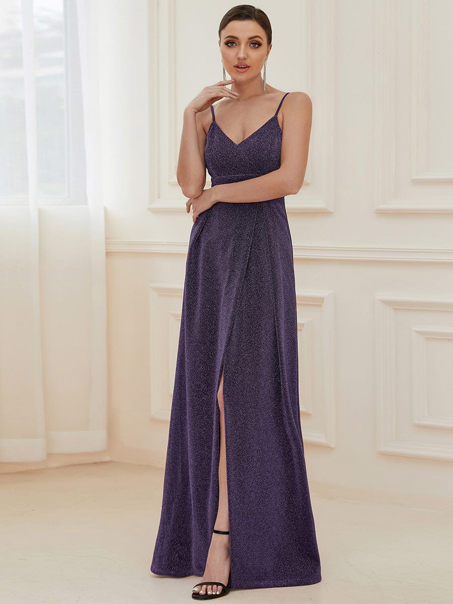 Spaghetti Strap Front Slit Shiny Evening Dress #color_Dark Purple 