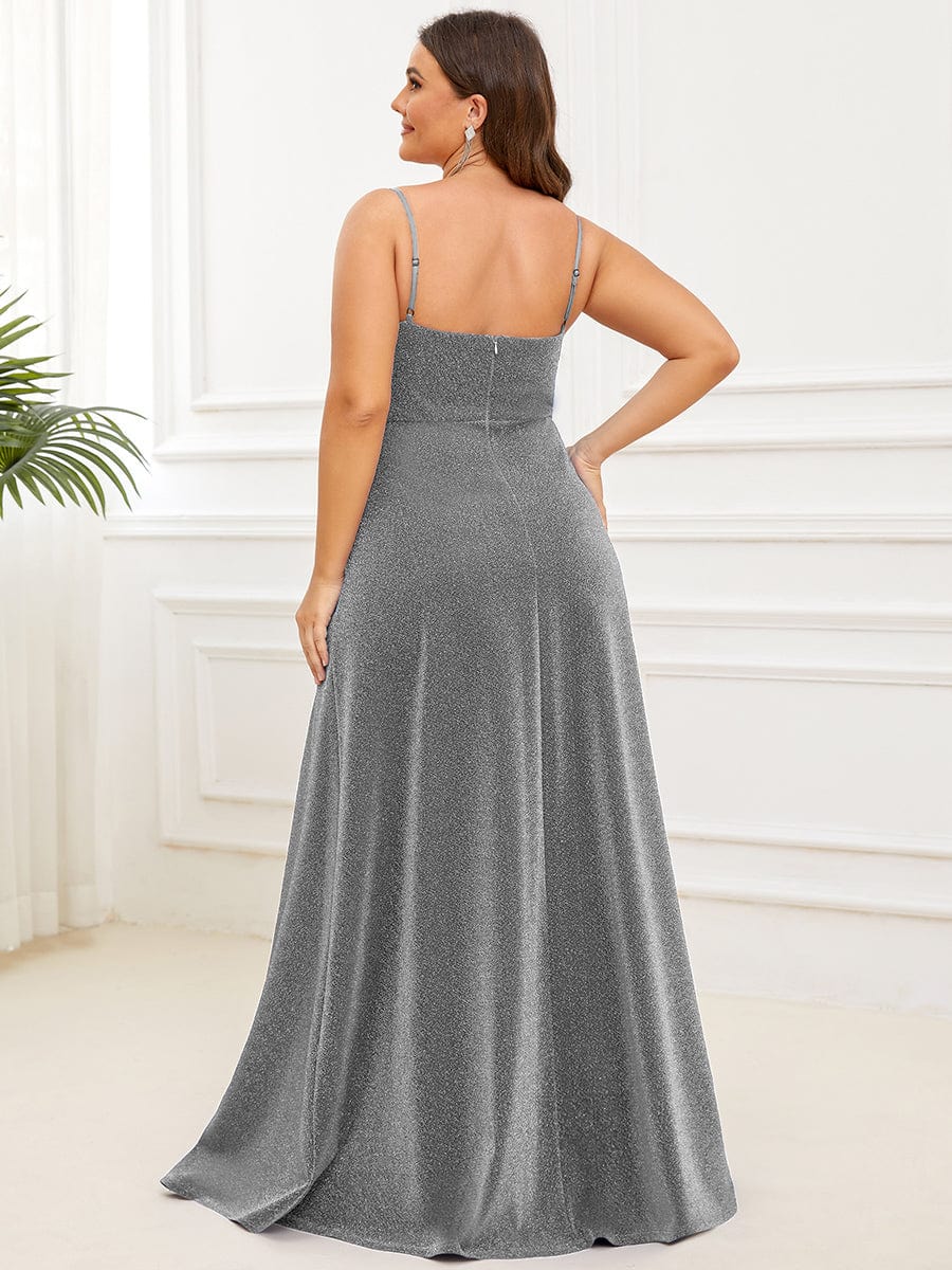 Spaghetti Strap Front Slit Shiny Evening Dress #color_Grey