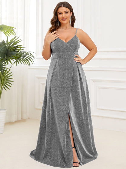 Plus Size Spaghetti Strap Shiny Formal Evening Dress for Wedding #color_Grey