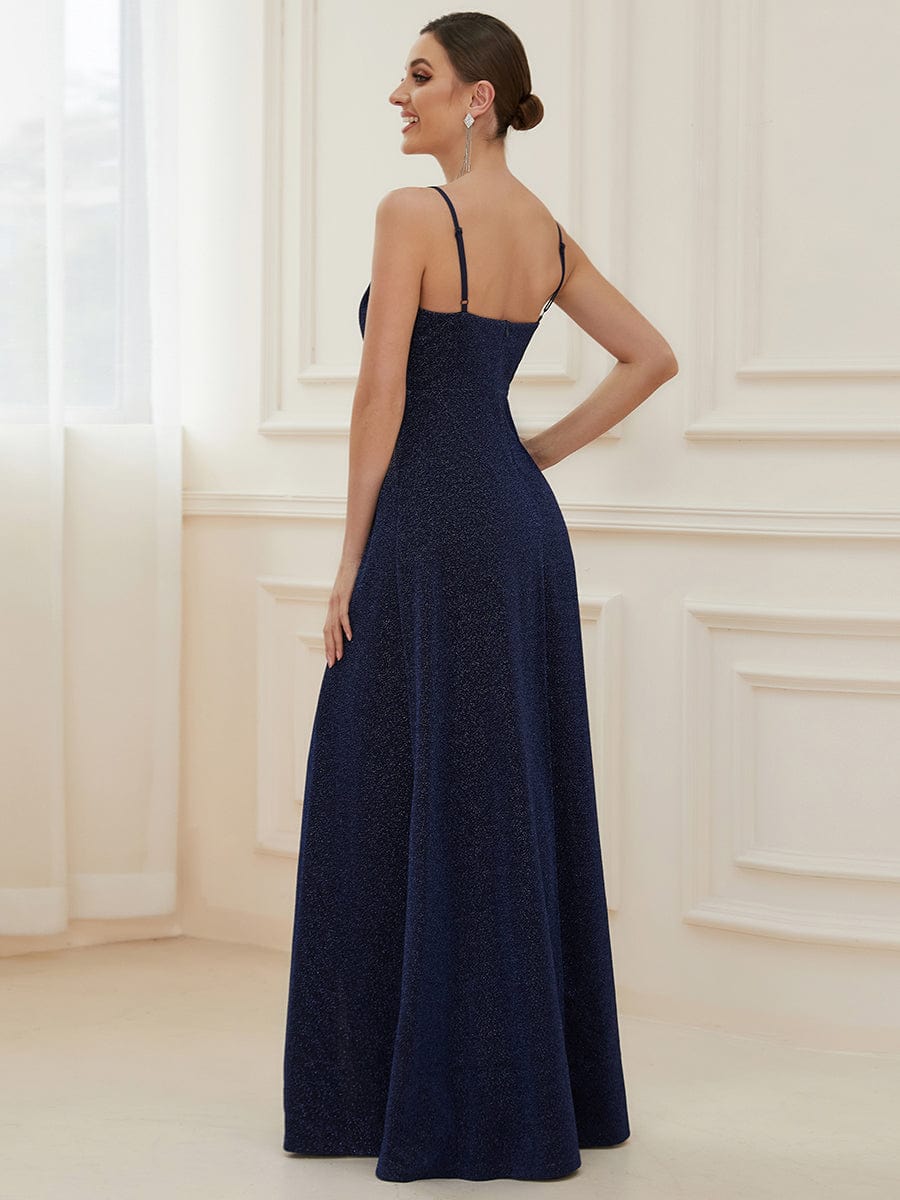 Spaghetti Strap Front Slit Shiny Evening Dress #color_Navy Blue 