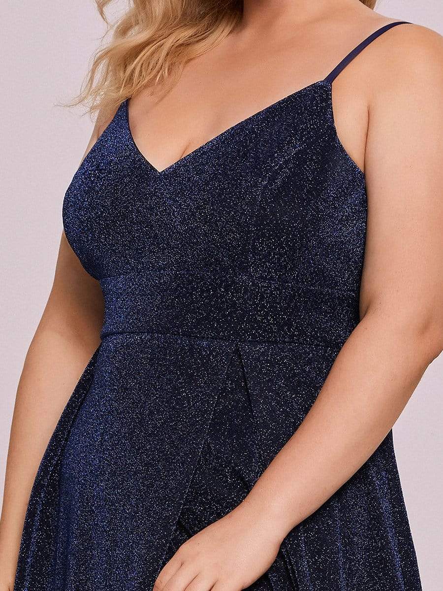 Plus Size Spaghetti Strap Shiny Formal Evening Dress for Wedding #color_Navy Blue 