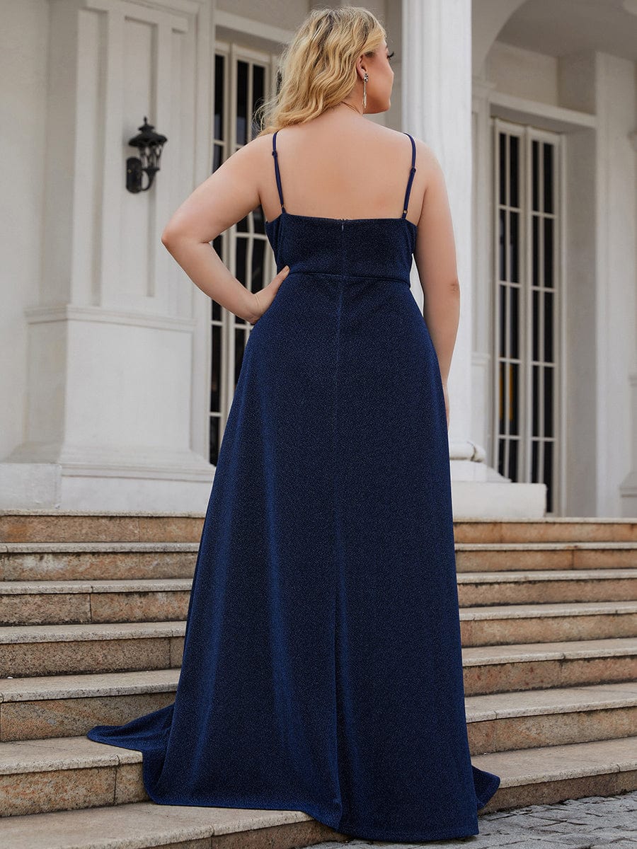 Spaghetti Strap Front Slit Shiny Evening Dress #color_Navy Blue 