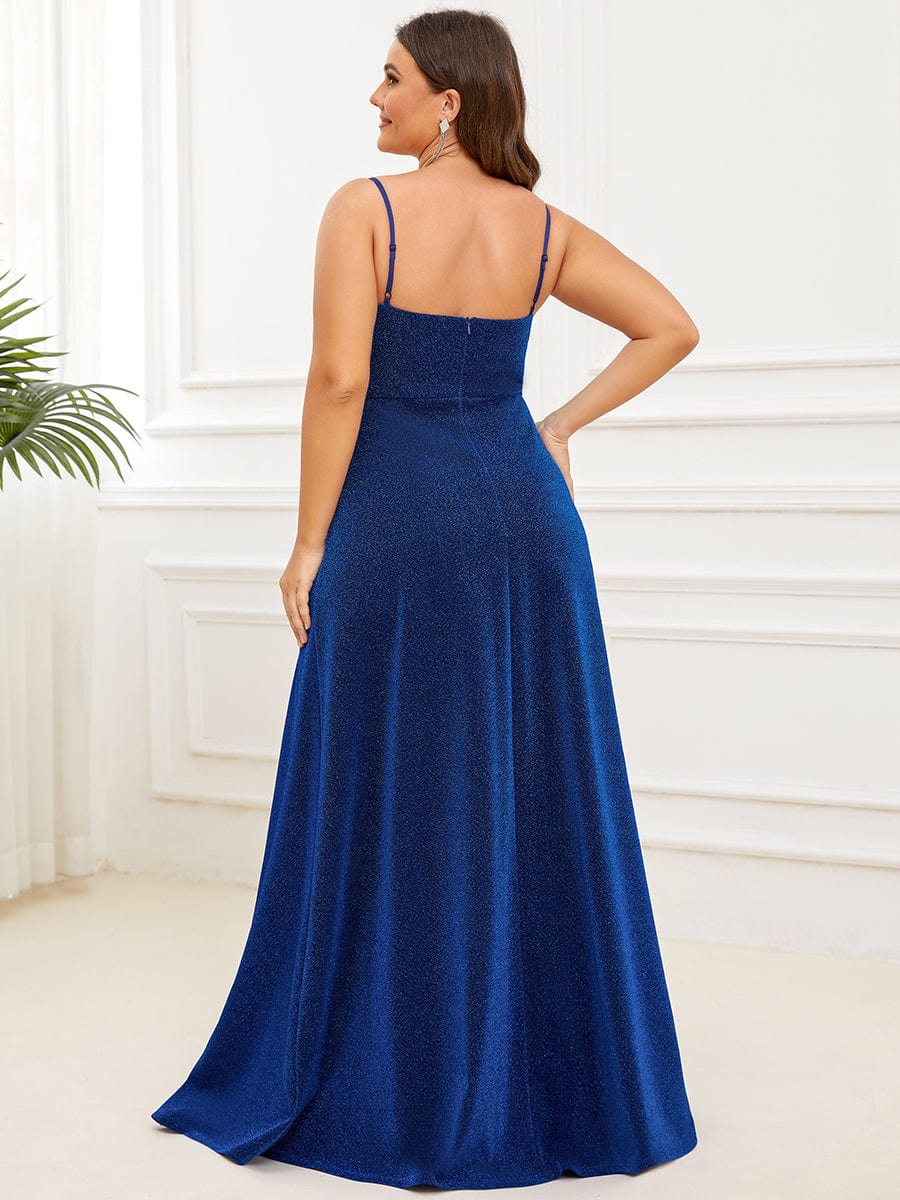 Plus Size Spaghetti Strap Shiny Formal Evening Dress for Wedding #color_Sapphire Blue 