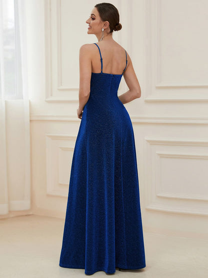 Spaghetti Strap Front Slit Shiny Evening Dress #color_Sapphire Blue