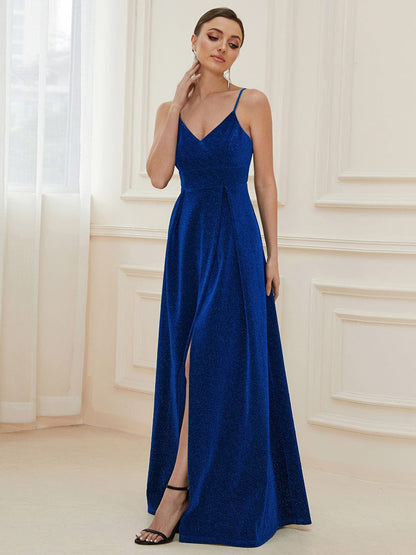 Spaghetti Strap Front Slit Shiny Evening Dress #color_Sapphire Blue