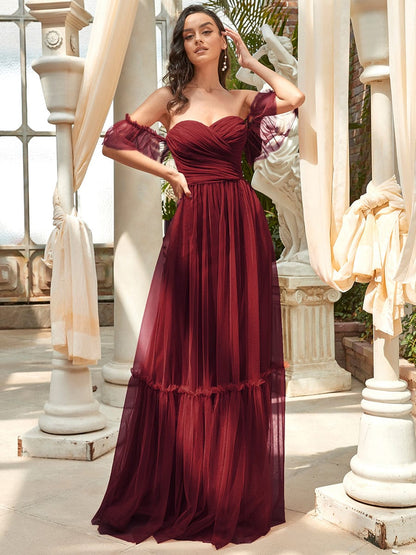 Off-Shoulder Sweetheart Double Layer Pleated Evening Dress #color_Burgundy