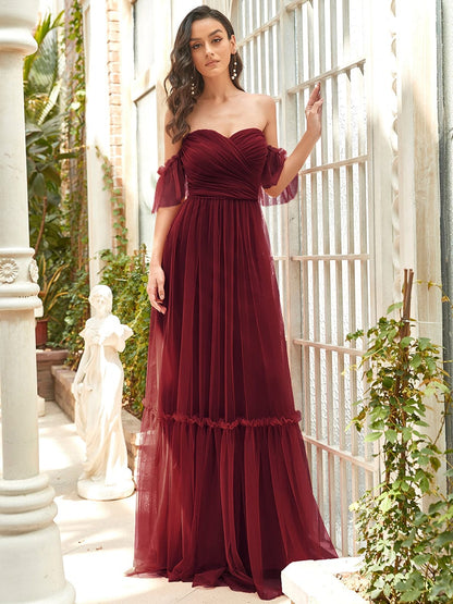 Off-Shoulder Sweetheart Double Layer Pleated Evening Dress #color_Burgundy