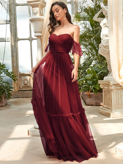 Off-Shoulder Sweetheart Double Layer Pleated Evening Dress #color_Burgundy