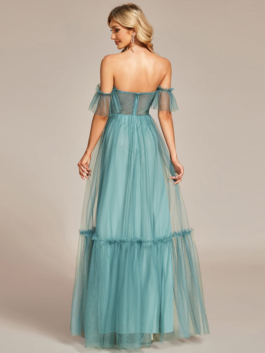 Off-Shoulder Sweetheart Double Layer Pleated Evening Dress #color_Dusty Blue