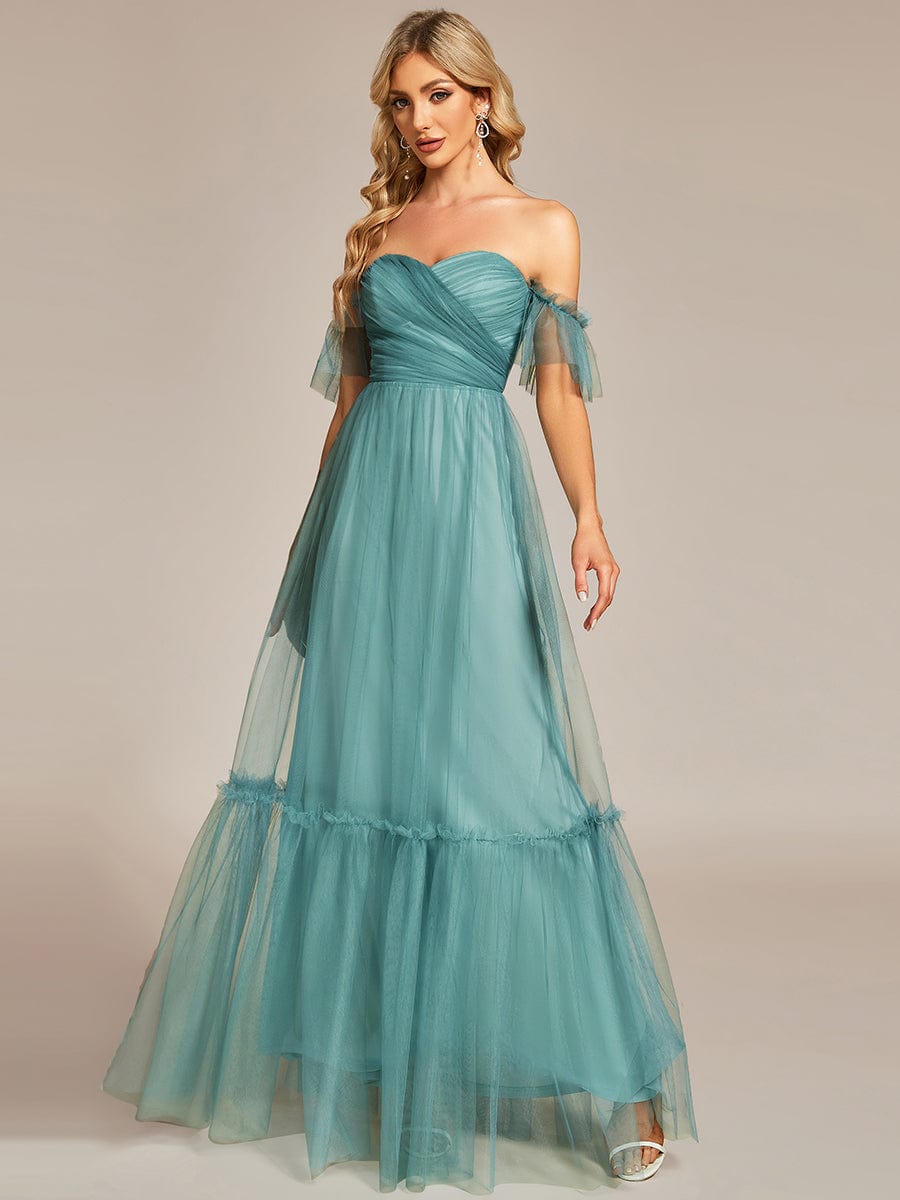 Off-Shoulder Sweetheart Double Layer Pleated Evening Dress #color_Dusty Blue