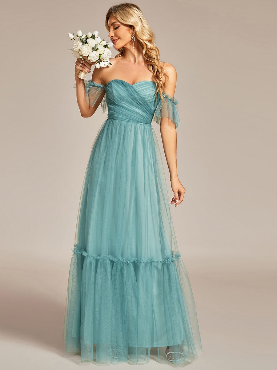 Off-Shoulder Sweetheart Double Layer Pleated Evening Dress #color_Dusty Blue