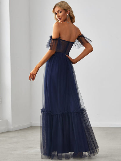 Off-Shoulder Sweetheart Double Layer Pleated Evening Dress #color_Navy Blue