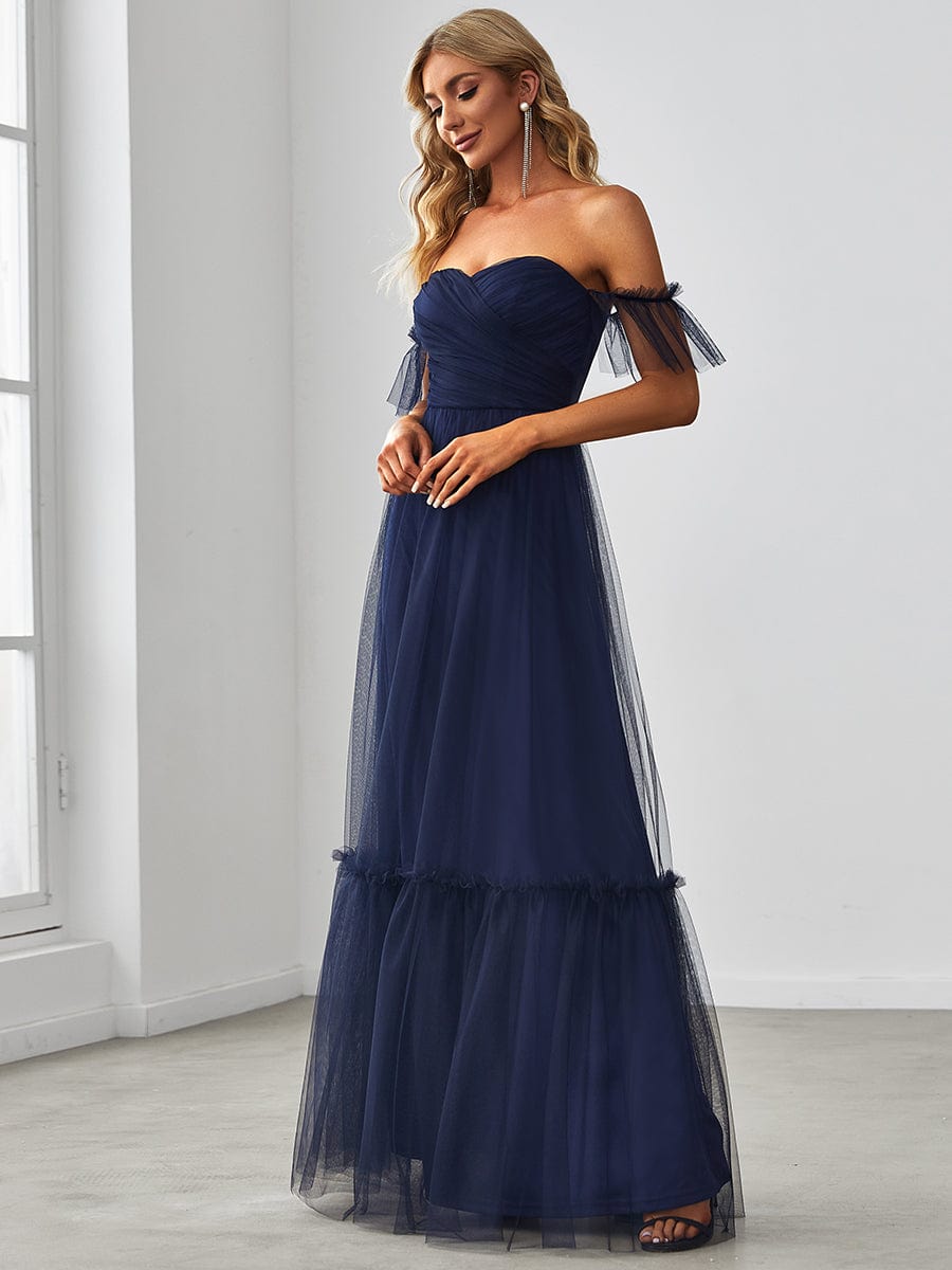 Off-Shoulder Sweetheart Double Layer Pleated Evening Dress #color_Navy Blue