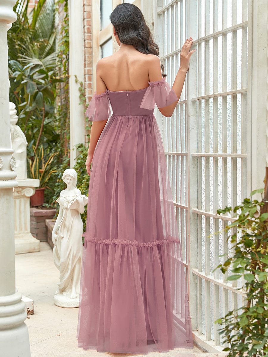 Off-Shoulder Sweetheart Double Layer Pleated Evening Dress #color_Purple Orchid