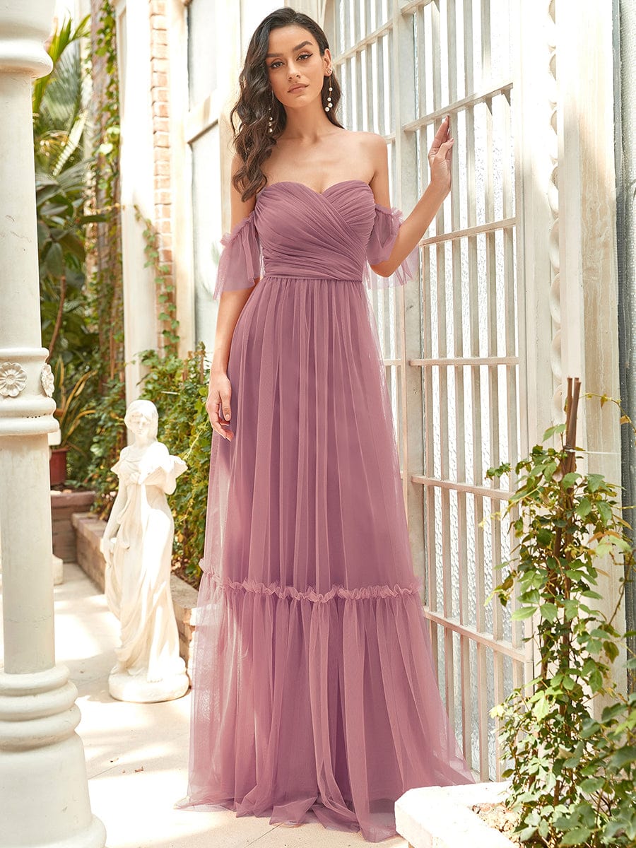 Off-Shoulder Sweetheart Double Layer Pleated Evening Dress #color_Purple Orchid