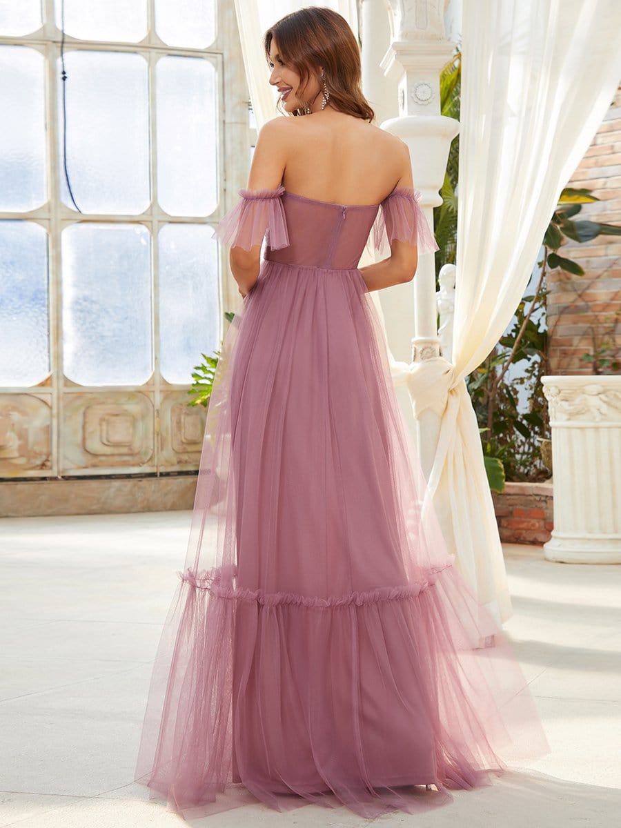 Off-Shoulder Sweetheart Double Layer Pleated Evening Dress #color_Purple Orchid