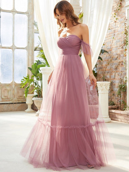 Off-Shoulder Sweetheart Double Layer Pleated Evening Dress #color_Purple Orchid