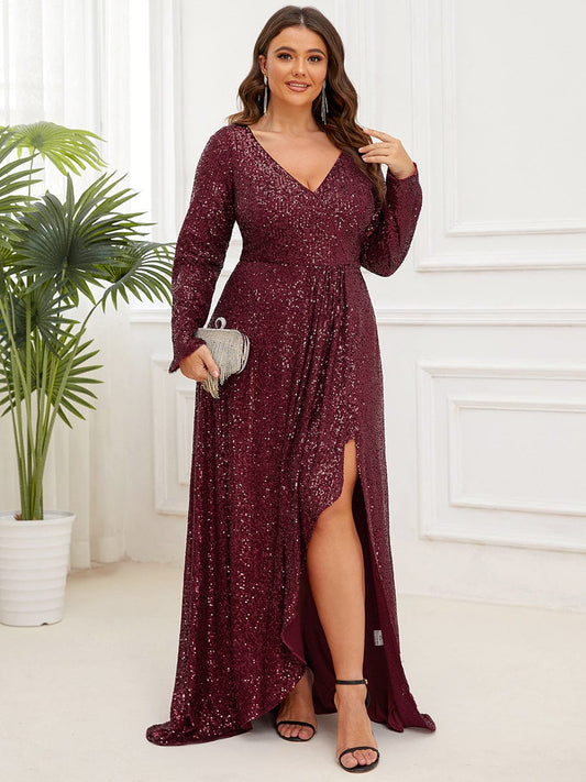 Plus Size Sequin V-Neck Long Sleeve High Slit Bodycon Evening Dress #color_Burgundy