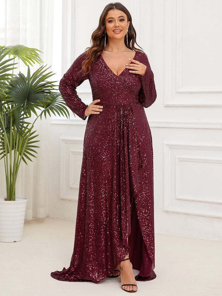 Plus Size Sequin V-Neck Long Sleeve High Slit Bodycon Evening Dress #color_Burgundy