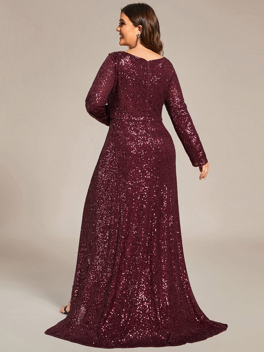 Sequin Long Sleeve V-neck Asymmetrical Hem Evening Dress #color_Burgundy