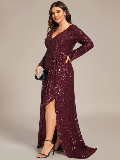 Custom Size Sequin Long Sleeve V-Neck High Slit Bodycon Evening Dress #color_Burgundy