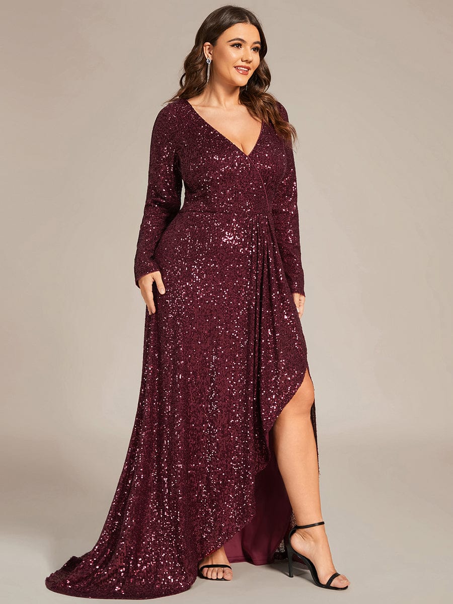 Custom Size Sequin Long Sleeve V-Neck High Slit Bodycon Evening Dress #color_Burgundy