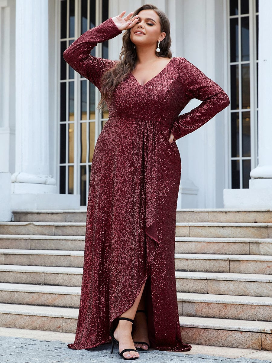 Plus Size Sequin V-Neck Long Sleeve High Slit Bodycon Evening Dress #color_Burgundy