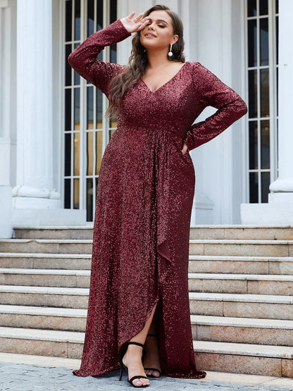 Plus Size Sequin V-Neck Long Sleeve High Slit Bodycon Evening Dress #color_Burgundy