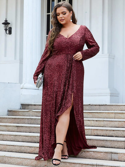 Plus Size Sequin V-Neck Long Sleeve High Slit Bodycon Evening Dress #color_Burgundy