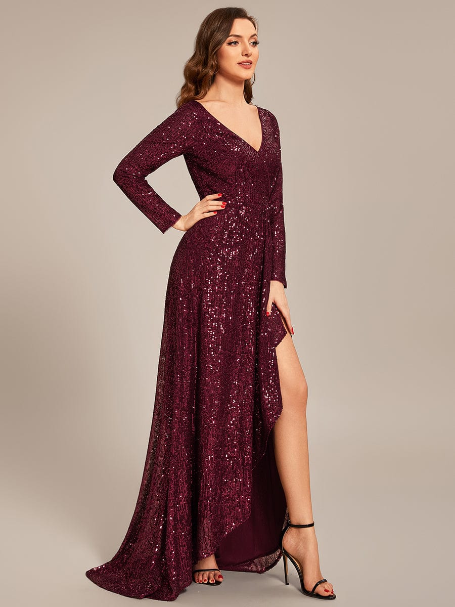 Sequin Long Sleeve V-neck Asymmetrical Hem Evening Dress #color_Burgundy