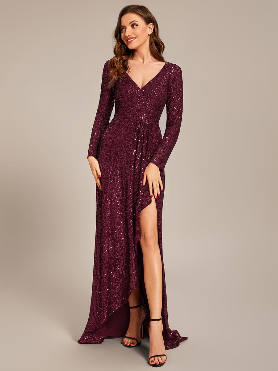 Sequin Long Sleeve V-neck Asymmetrical Hem Evening Dress #color_Burgundy