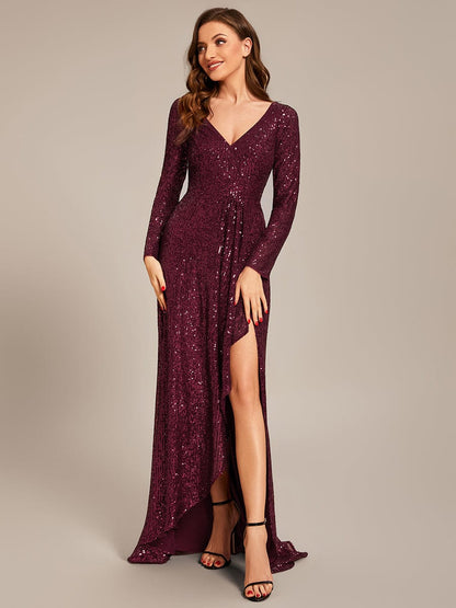 Sequin Long Sleeve V-neck Asymmetrical Hem Evening Dress #color_Burgundy