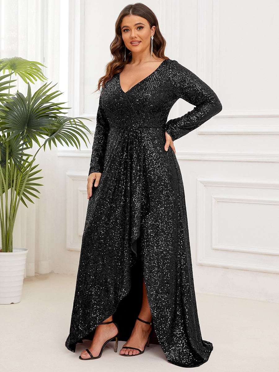 Plus Size Sequin V-Neck Long Sleeve High Slit Bodycon Evening Dress #color_Black