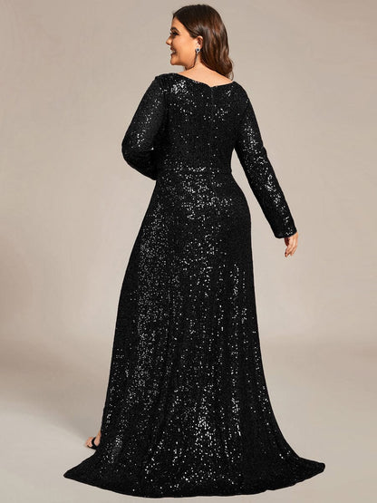 Sequin Long Sleeve V-neck Asymmetrical Hem Evening Dress #color_Black