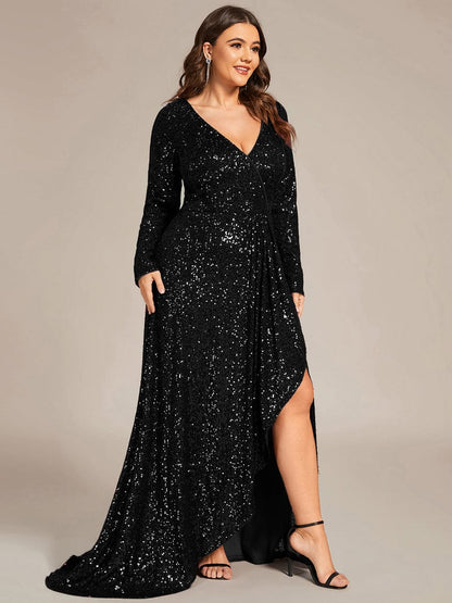 Sequin Long Sleeve V-neck Asymmetrical Hem Evening Dress #color_Black