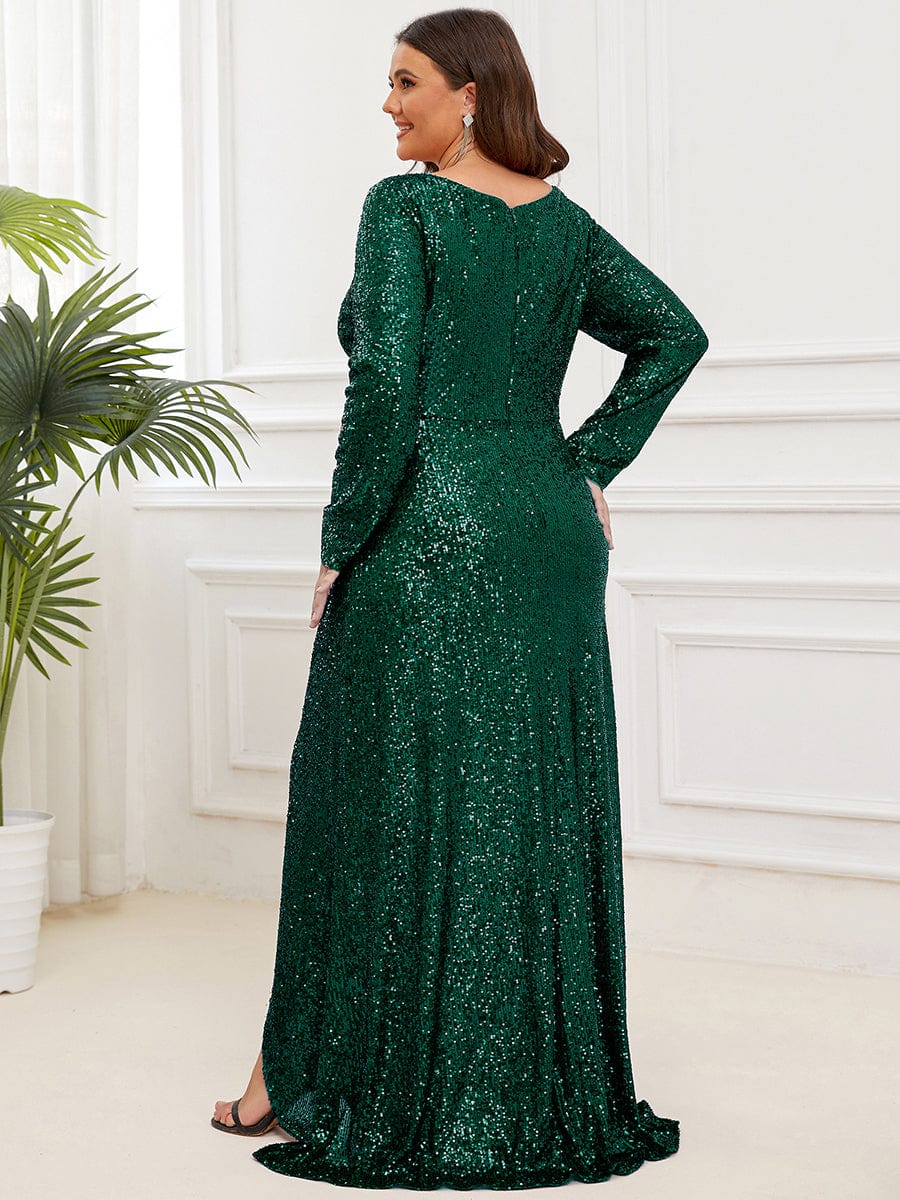 Sequin Long Sleeve V-neck Asymmetrical Hem Evening Dress #color_Dark Green