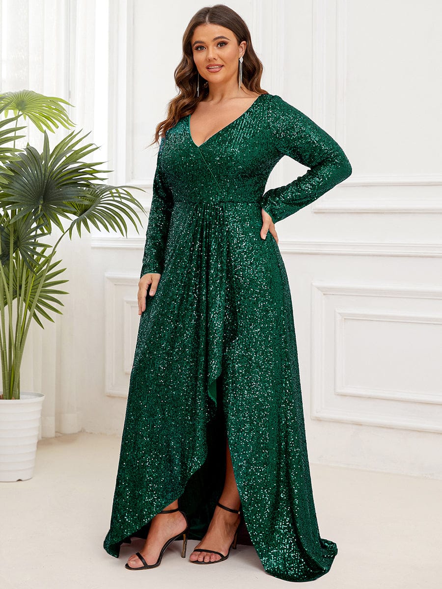 Sequin Long Sleeve V-neck Asymmetrical Hem Evening Dress #color_Dark Green