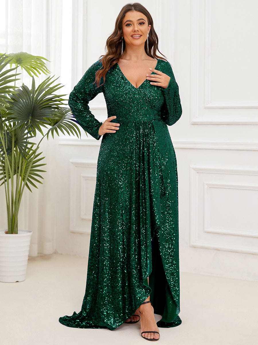 Plus Size Sequin V-Neck Long Sleeve High Slit Bodycon Evening Dress #color_Dark Green