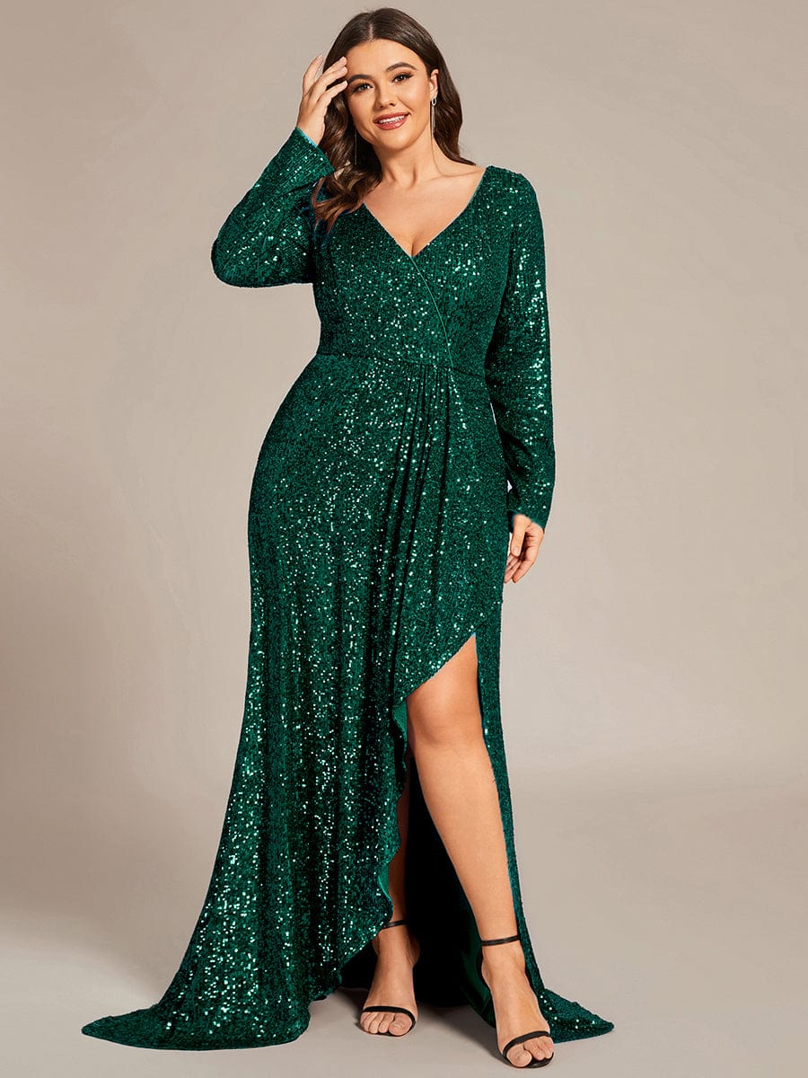 Custom Size Sequin Long Sleeve V-Neck High Slit Bodycon Evening Dress #color_Dark Green